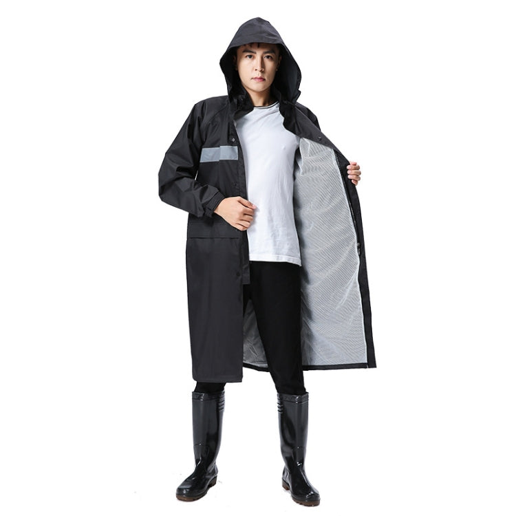 Black hooded reflective raincoat with reflective side panel and button front