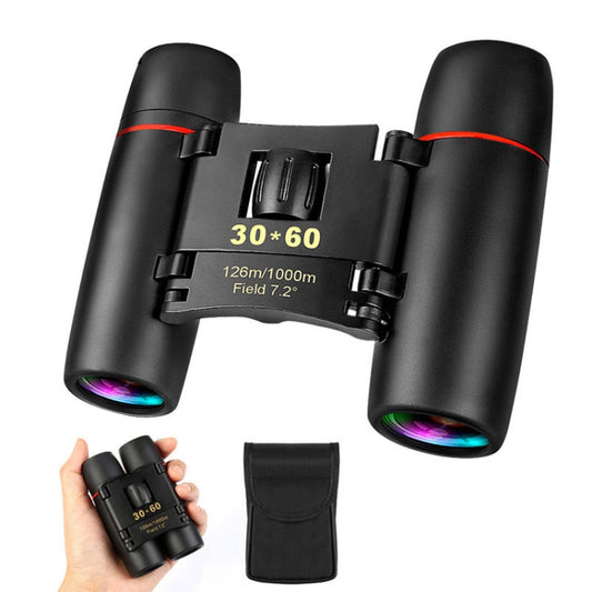 Black 30x60 binocular telescope with built-in eyepieces and included fabric carrying pouch