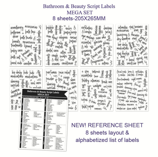 Bathroom & beauty script label mega set with 8-sheet reference layout and label list