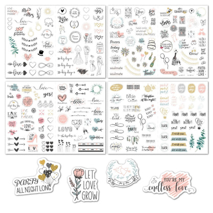 Wedding planning sticker pack with hearts, love quotes, rings, and couple silhouettes