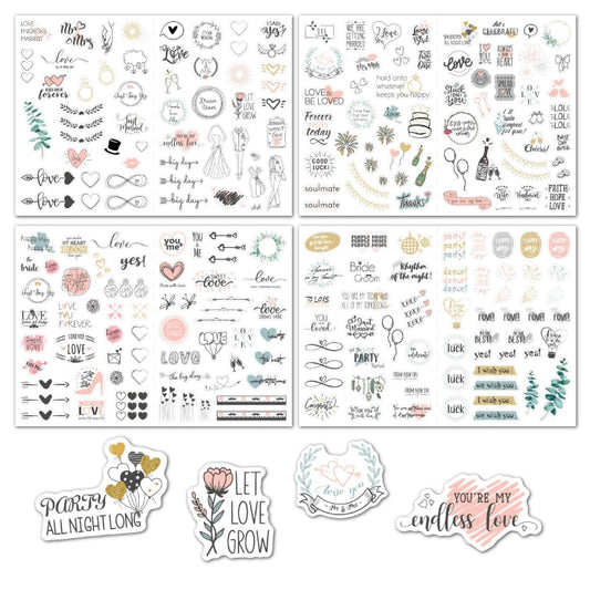 Wedding planning sticker pack with hearts, love quotes, rings, and couple silhouettes