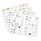 Wedding planning sticker pack with overlapping sheets of hearts, celebrations, and wedding icons