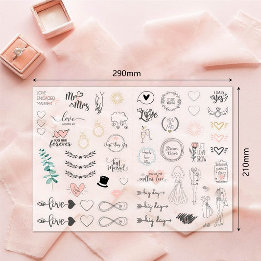 Wedding planning sticker sheet with hearts, rings, greenery leaves, and love phrases
