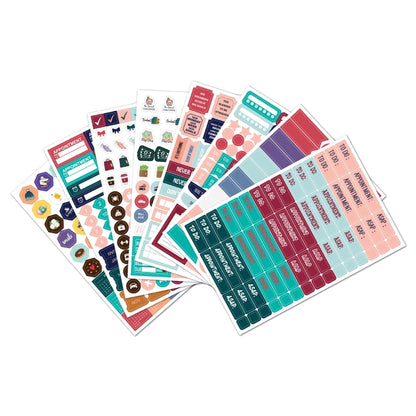 Planner sticker set sheets with assorted colorful labels, icons, and checkmarks