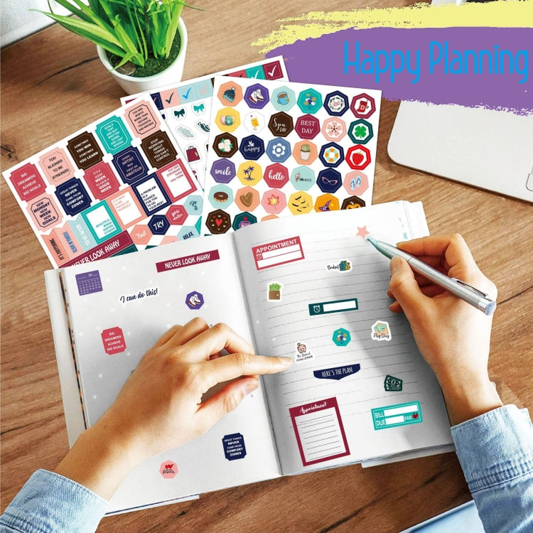Planner sticker set applied to an open planner page with small label and icon stickers