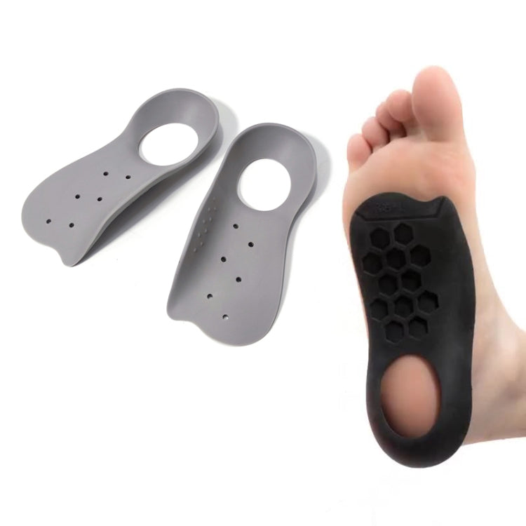 Grey support insole pair with perforations and circular heel opening