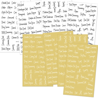 Transparent waterproof spice label sheets, two-color set with spice names printed