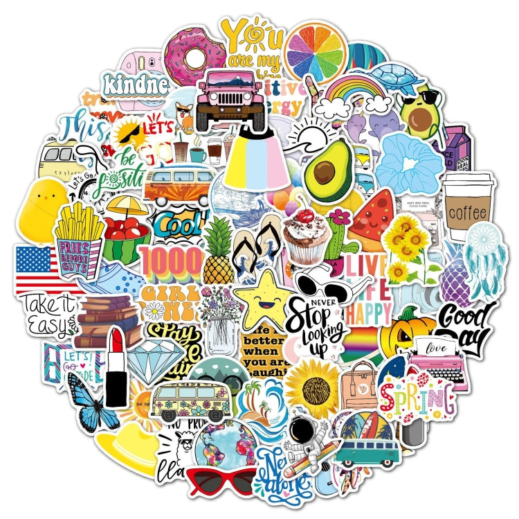 Travel-themed sticker set with colorful cutout icons and quotes