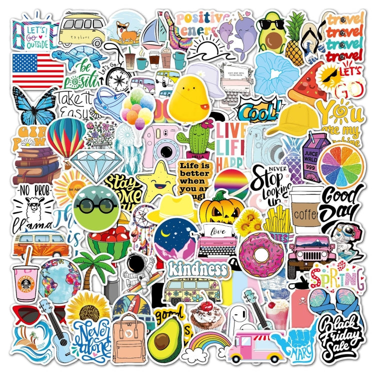 Travel and positivity sticker set with colorful cutout icons and lettering