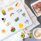 Sheet of assorted travel stickers with cacti, avocado, sun, and 'Good' designs