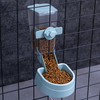 Light blue cat automatic hanging feeder with flip dispenser for kibble