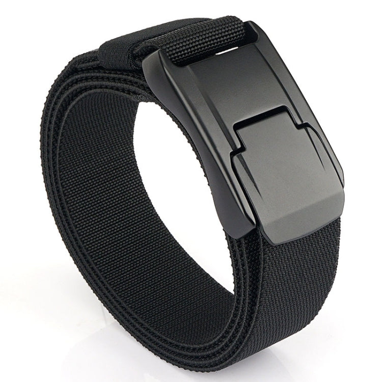 Black woven stretch belt with quick-release buckle and dark metal frame