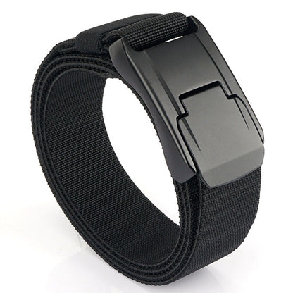Black woven stretch belt with quick-release buckle and dark metal frame