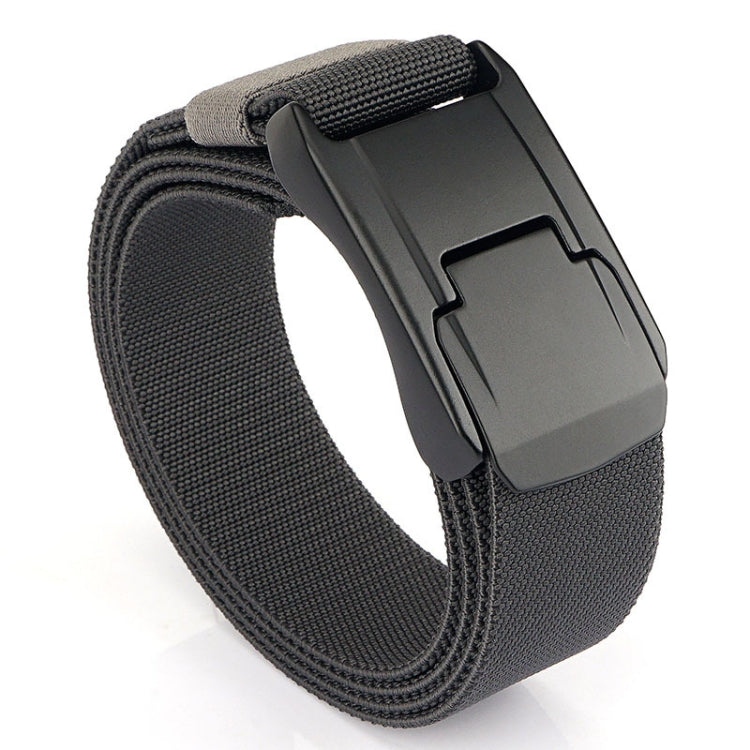 Charcoal woven stretch belt with quick-release buckle and dark gray metal clasp