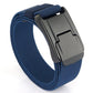 Royal blue woven stretch belt with quick-release buckle and dark metal clasp