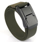 Army green woven stretch belt with quick-release buckle and dark metal clasp