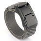 Light gray woven stretch belt with quick-release buckle and dark metal clasp