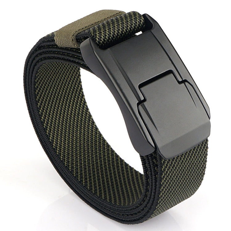 Dark olive woven stretch belt with quick-release buckle and dark metal clasp