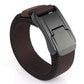 Dark brown woven stretch belt with quick-release buckle and dark metal clasp