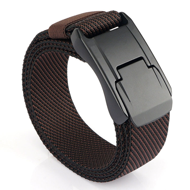 Dark brown woven stretch belt with quick-release buckle and dark metal clasp
