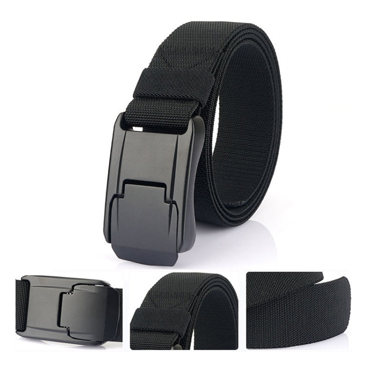 Men's woven quick-buckle belt in black with rectangular gray metal buckle
