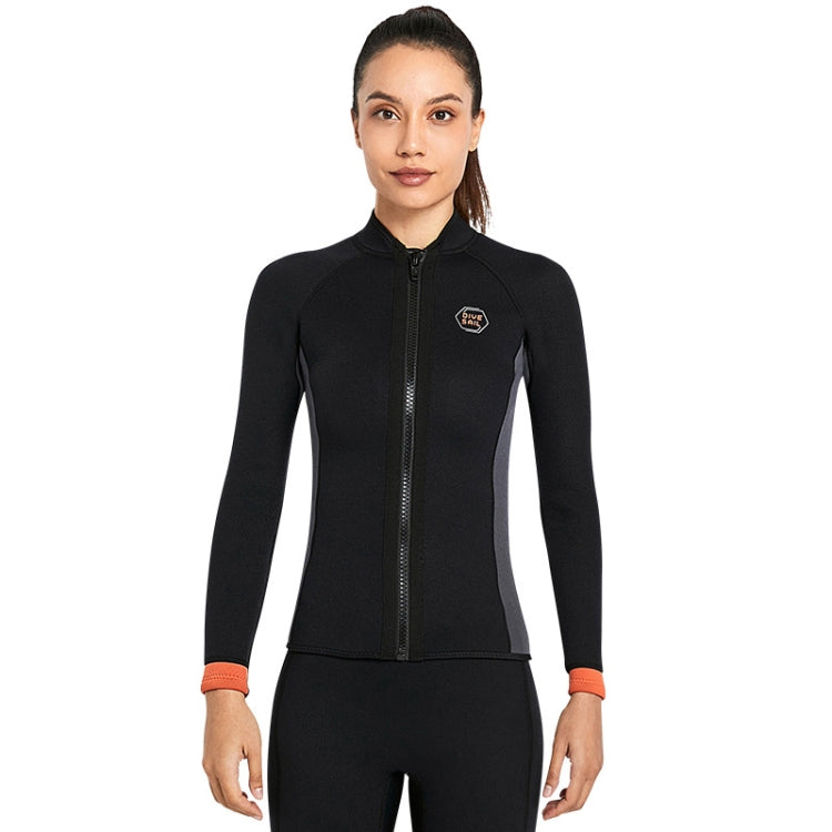 Black thermal diving top with front zip, slim fit paneling, and orange cuff accents.