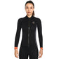 Black thermal diving jacket with chest logo, front zip closure, and orange cuff bands.
