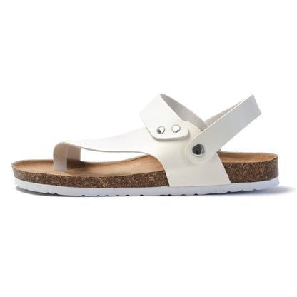 White leather cork flip-flop sandal with toe strap and contrast cork footbed