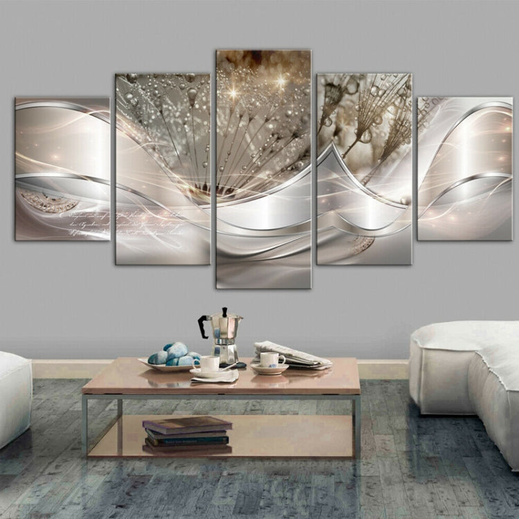 Five-panel decorative wall art set with abstract metallic tree branches and sparkling droplets