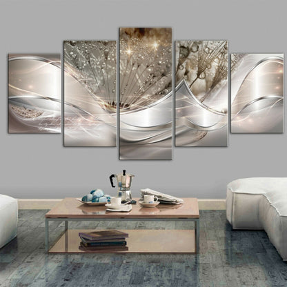 Five-panel decorative wall art set with abstract metallic tree branches and sparkling droplets