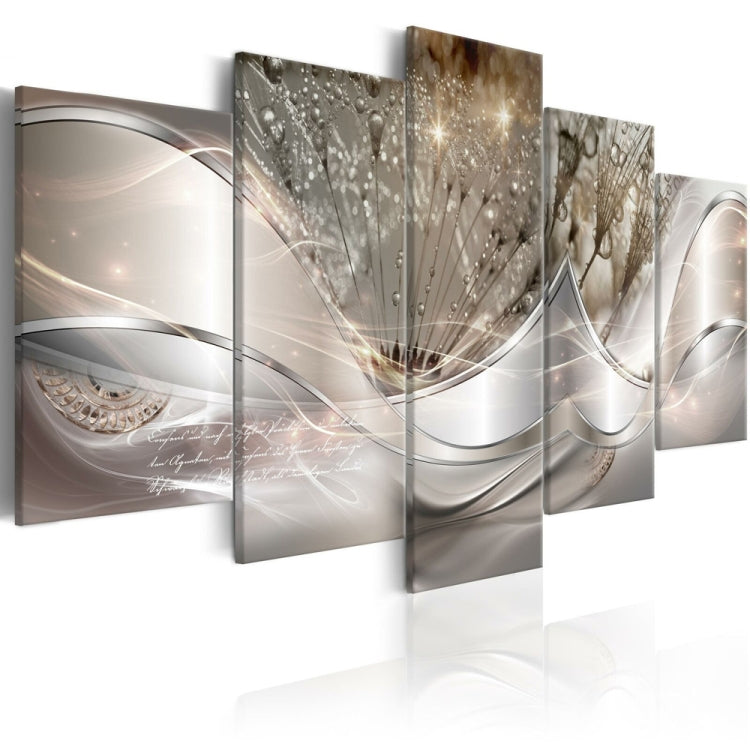 Five-piece wall art set showing abstract silver and gold flowing lines with droplet detail