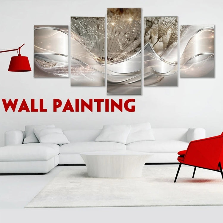 Five-panel decorative wall art set with abstract silver waves and branch silhouettes with sparkle