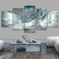 Five-panel decorative wall art set with cool blue tones, silver curves, and sparkling droplets