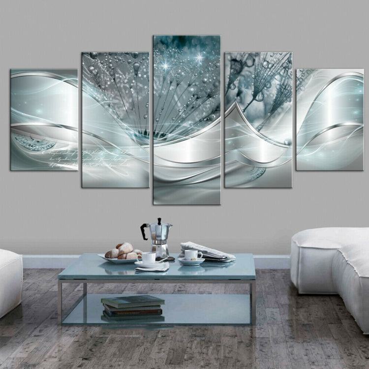 Five-panel decorative wall art set with cool blue tones, silver curves, and sparkling droplets