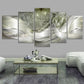 Five-panel abstract wall art set in muted green with metallic lines and sparkling droplet accents
