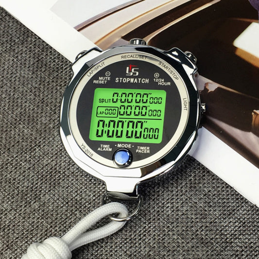 Wrist-worn metal luminous stopwatch with green LCD showing split and lap timing