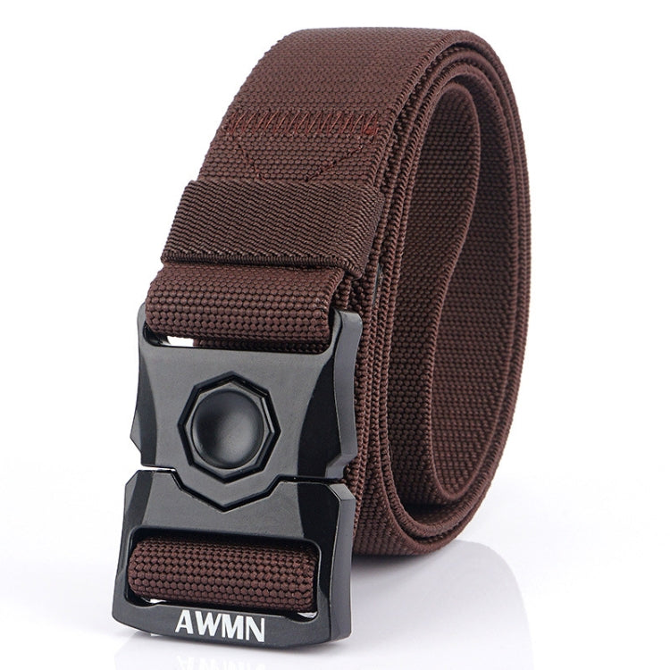 Brown woven men’s elastic buckle belt with textured strap and metal snap buckle