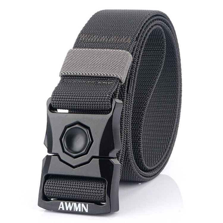 Dark gray woven men’s elastic buckle belt with textured strap and metal snap buckle