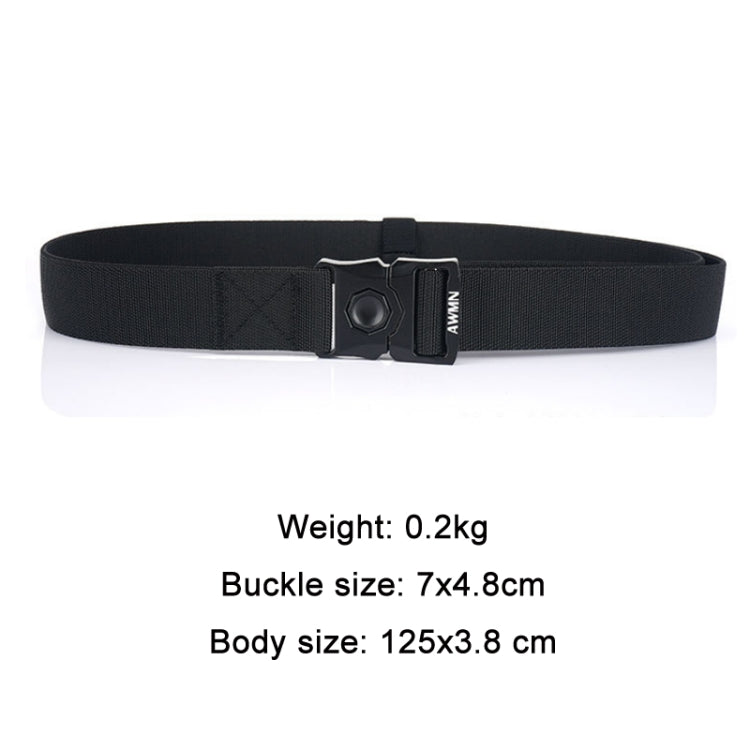 Black elastic men’s buckle belt with rectangular buckle and woven strap
