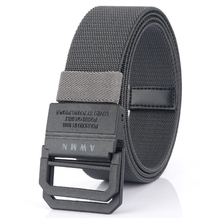 Elastic casual belt in charcoal gray with rectangular buckle and stitched keeper tab