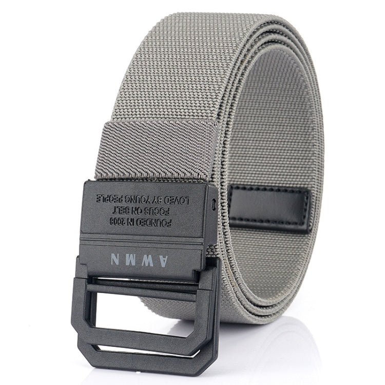 Elastic casual belt in light gray with rectangular buckle and leather-look keeper tab