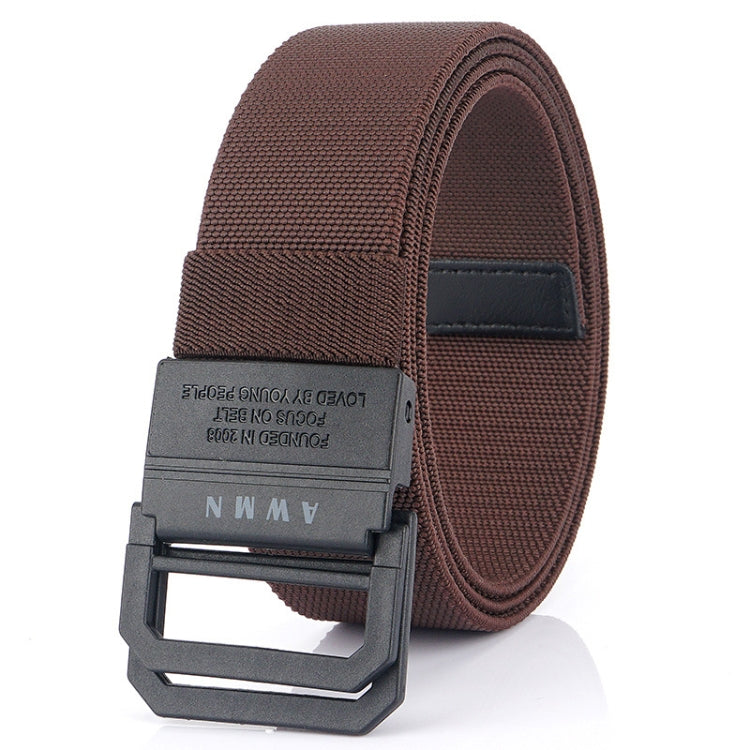 Elastic casual belt in brown with rectangular buckle and stitched keeper tab