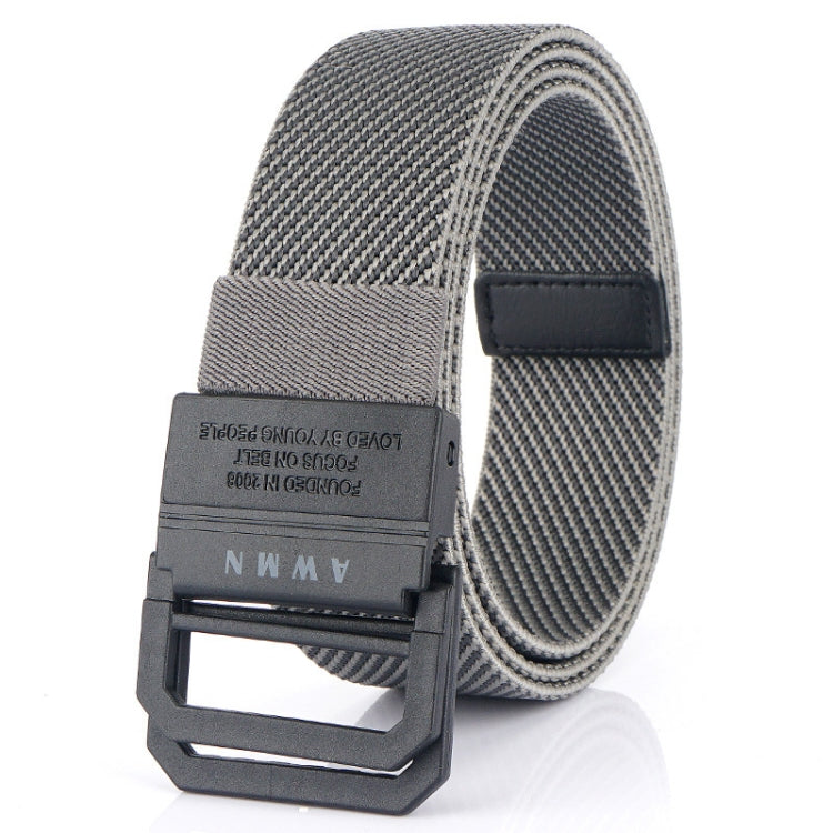 Elastic casual belt in light gray with rectangular buckle and leather-look keeper tab