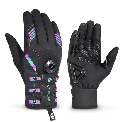 Black long-finger cycling gloves with colored trim, knuckle padding, and wrist buckle strap