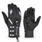 Black long-finger cycling gloves with white striped inner panel, knuckle padding, wrist buckle