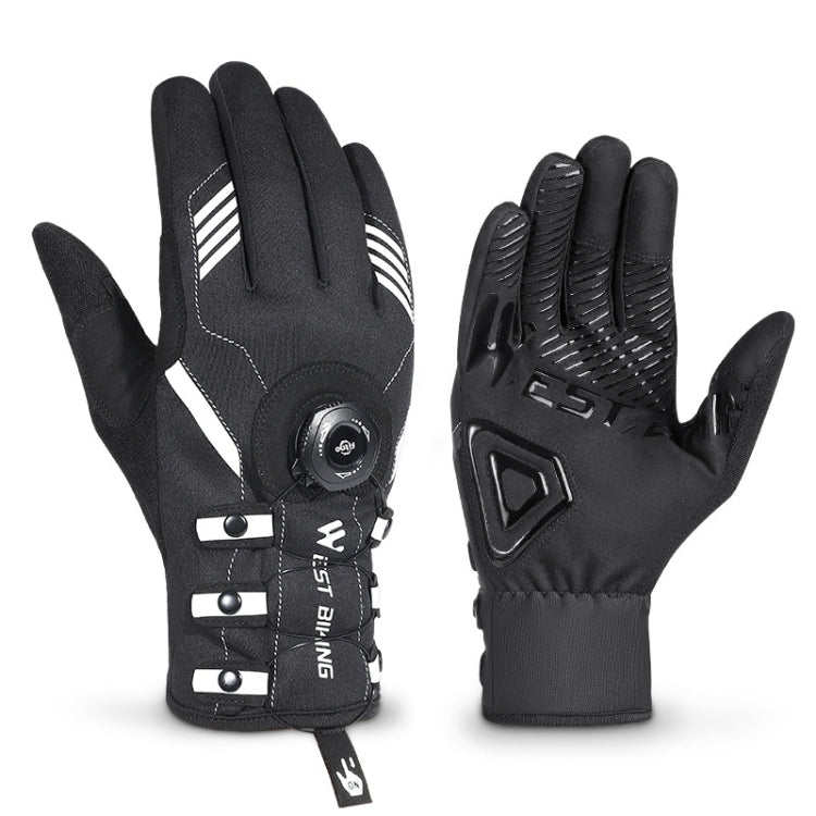 Black long-finger cycling gloves with white striped inner panel, knuckle padding, wrist buckle