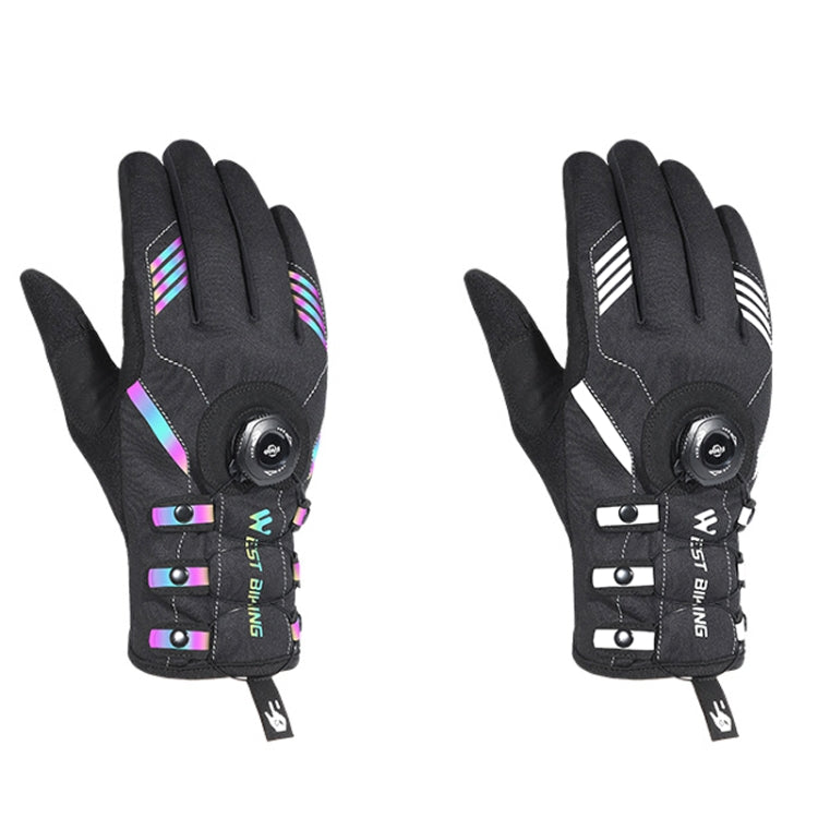 Pair of black long-finger cycling gloves with multicolor trim, padded palms, wrist buckle