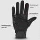 Black long-finger cycling gloves with textured palm grip, touch-screen fingertips, shock pad