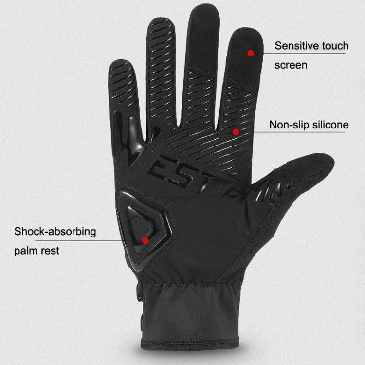 Black long-finger cycling gloves with textured palm grip, touch-screen fingertips, shock pad