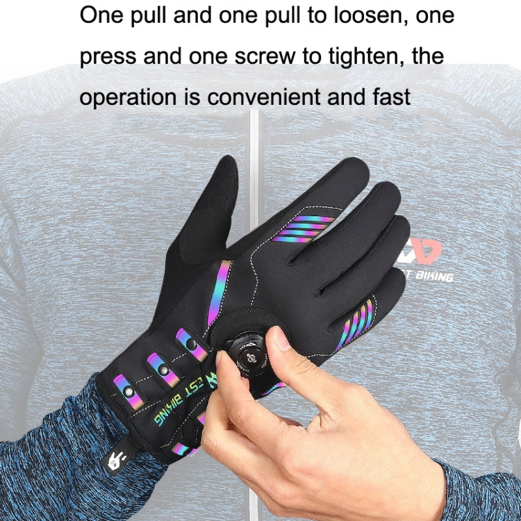 Black long-finger cycling gloves with adjustable buckle straps and multicolor trim